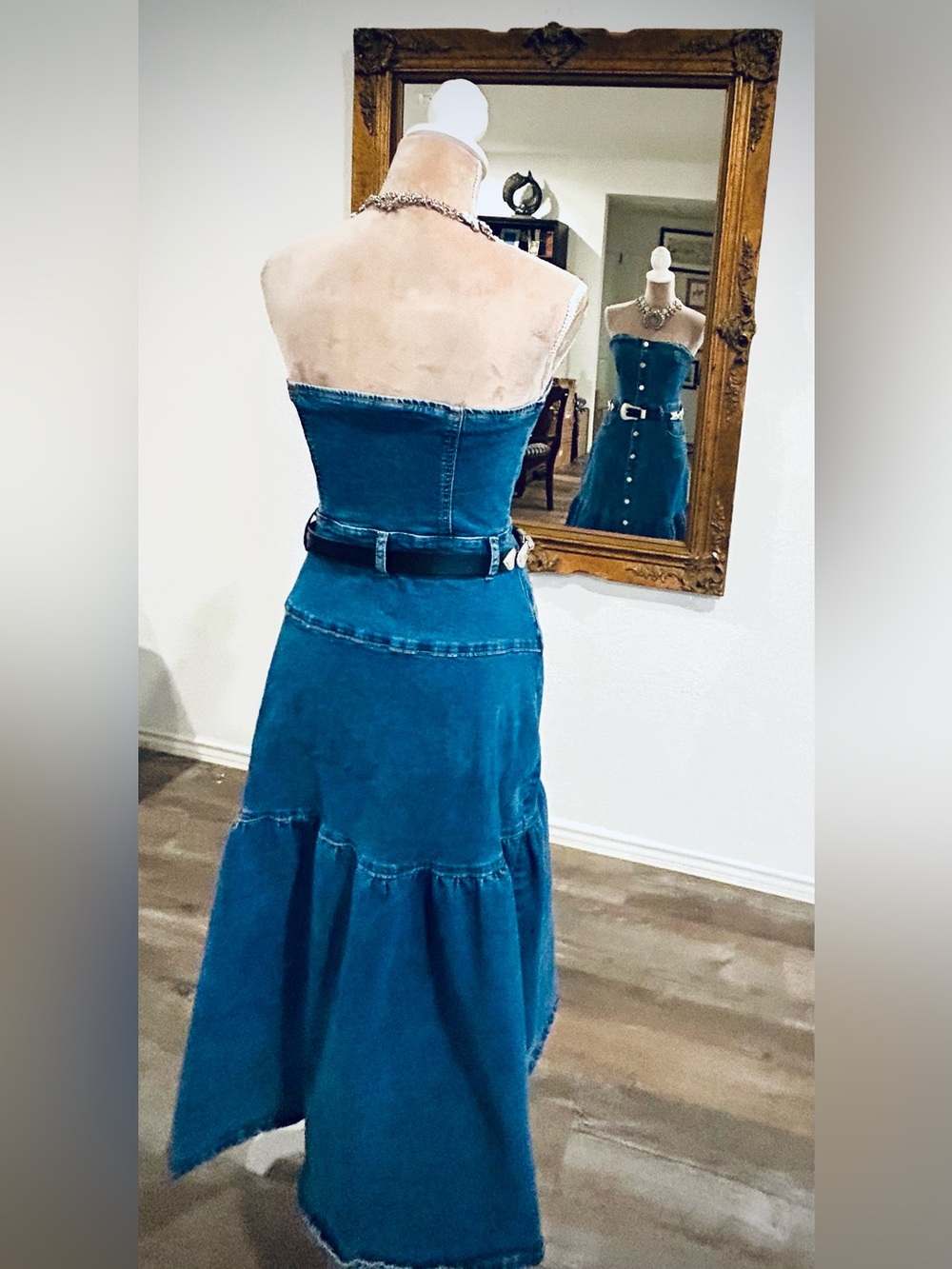 Vintage Strapless Denim Western Overall Rodeo Cowgirl Festival Maxi Dress - Picture 5 of 6